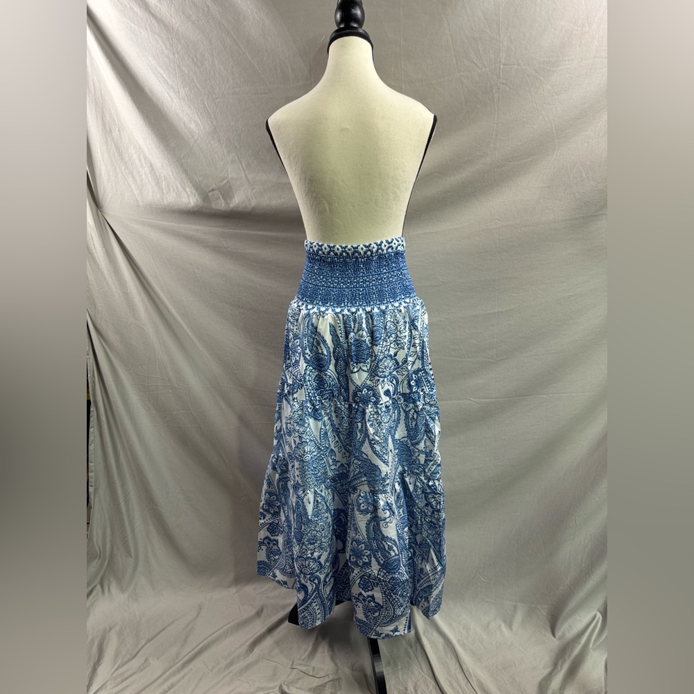 Bohemian Print Long Flared Shirred Skirt Blue - Picture 10 of 10